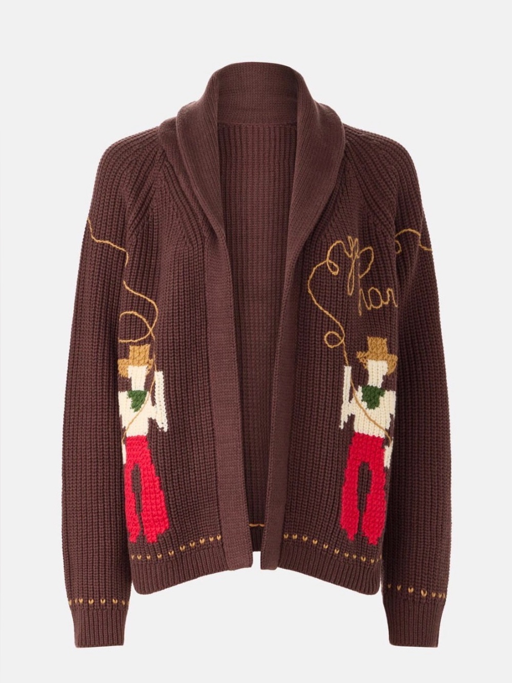 THE GREAT. chocolate Brown Knit Cardigan with Rodeo Intarsia lasso lodge sweater